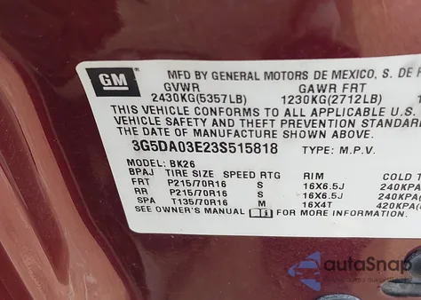 2003 Buick Rendezvous Cxl из США, поврежденный, VIN 3G5DA03E23S515818